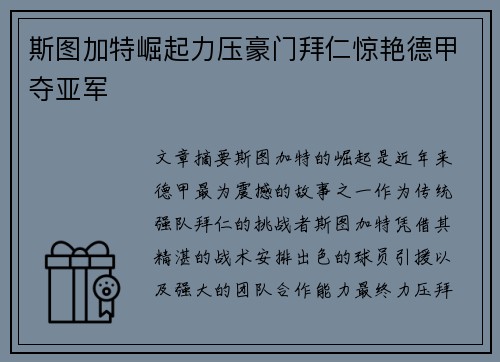 斯图加特崛起力压豪门拜仁惊艳德甲夺亚军