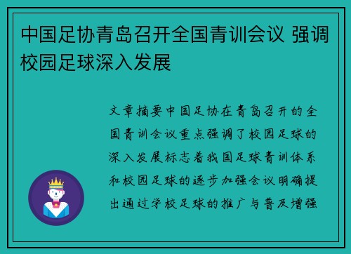 中国足协青岛召开全国青训会议 强调校园足球深入发展